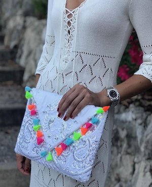 Triangle Clutch (White With Multi-Color Tassels)