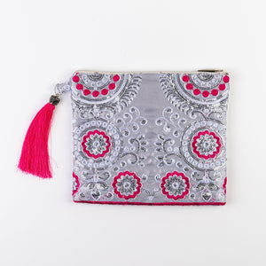 The St Barths Tassel Clutch - Silver & Rose