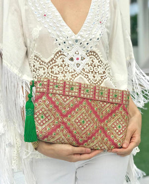 OmLuxe Collection Zip Top Clutch - Rose Pink & Green - Omluxe Collection